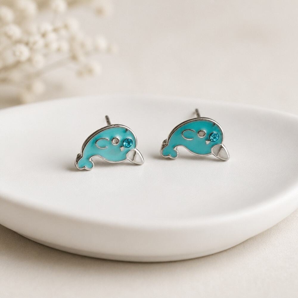 Dainty Silver Narwhal Whale Earrings – Enamel Marine Animal Stud Jewelry